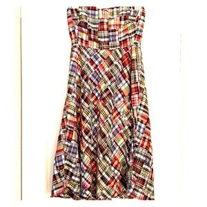 J. Crew Fun plaid patterned strapless dress.